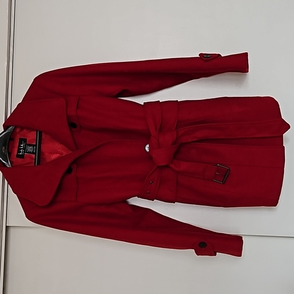 Nicole Miller Belted Red Pea Coat Button Up Large EUC - Picture 1 of 6